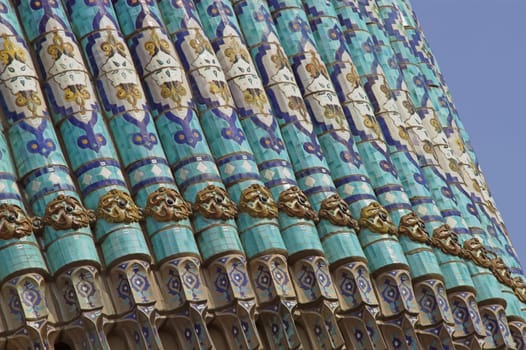 Fragment of a tiled wall with Arabic mosaic of an ancient mosque in Saint Petersburg, Russia.