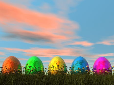 Easter eggs in nature by sunset- 3D render