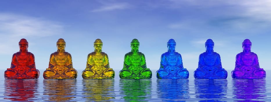 Seven small buddhas in chakra colors meditating upon water by day - 3D render