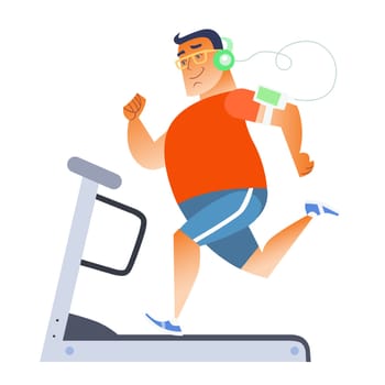 Fat man on a stationary treadmill listening to music on the player