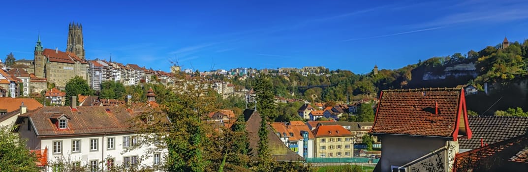 Panoramic view of cathedral of St. Nicholas in Fribourg, Switzerland