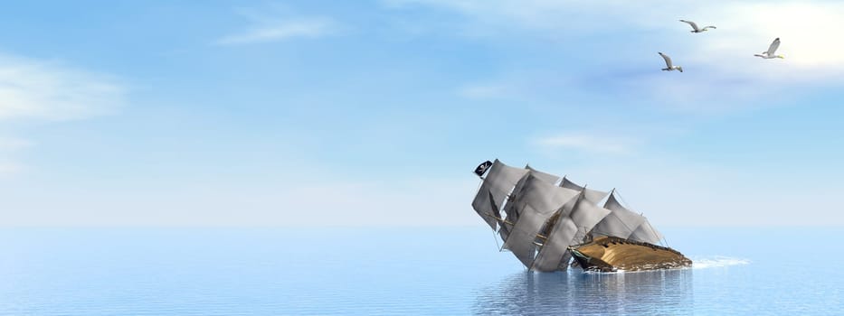 Beautiful detailed Pirate Ship sinking on the ocean surrounded with seagulls by day - 3D render