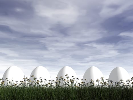 Easter eggs in nature by cloudy day - 3D render