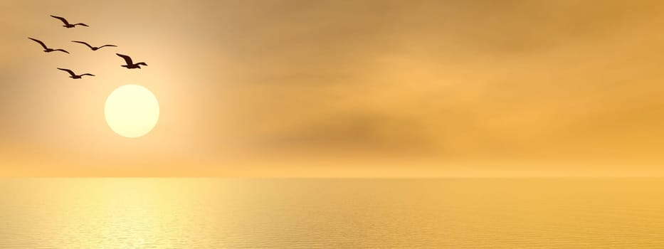 Seagulls flying upon the ocean by sunset- 3D render