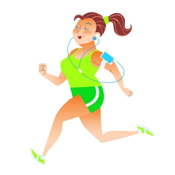 Sporty woman running herding weight kilocalories listens to music player health fitness