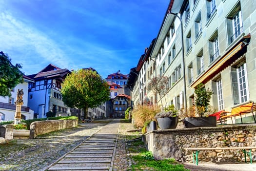 Court-Chemin stairs in Fribourg old city by day, Switzerland, HDR