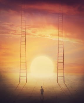 Conceptual scene, person stands in front of a decisive choice with two ladders going up to the sky. Surreal stairways to paradise against sunset background. Difficult dilemma to choose the right way