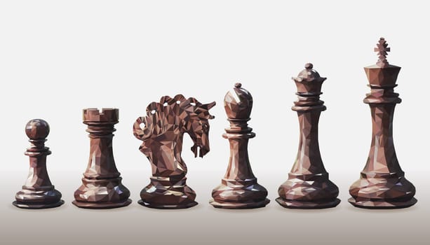 Vector triangulation, a set of dark brown, black side, chess pieces, low poly design isolated on white background. Checkmate symbols polygon geometry shape. King, queen, bishop, knight, rook and pawn