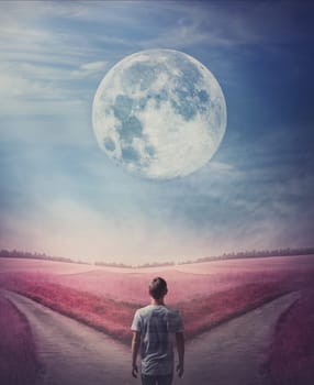 Surreal purple world with a person following the full moon, arrives in front of a crossroad, has to choose the correct way, left or right. Decisive choice concept, split pathway with two directions.