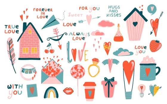 Collection of cartoons. Heart vector shape love icon. Valentine's day .. Festive gift background. White background isolated. Trendy vector illustration. Decorative symbol. Decorative print.