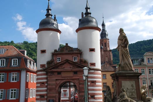 Two bridge towers at the Old Bridge in Heidelberg,Baden Württemberg.