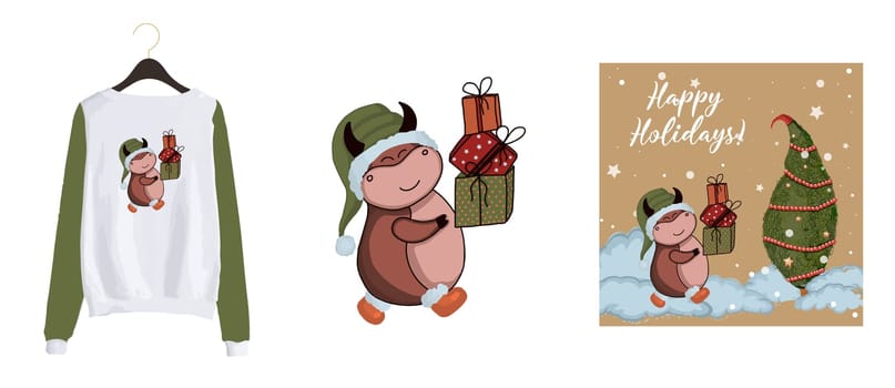 cute bull on the background. New year card 2021. December, happy party. Christmas background. Merry Christmas greeting cards collection. Vector flat design greeting card.