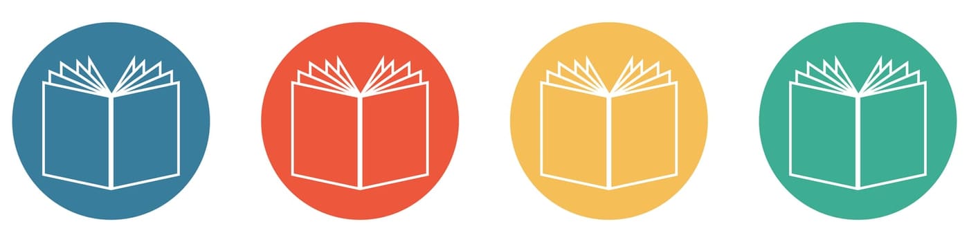 4 colorful Buttons blue, red, orange and green showing: Book, Newspaper, News, Library or Education