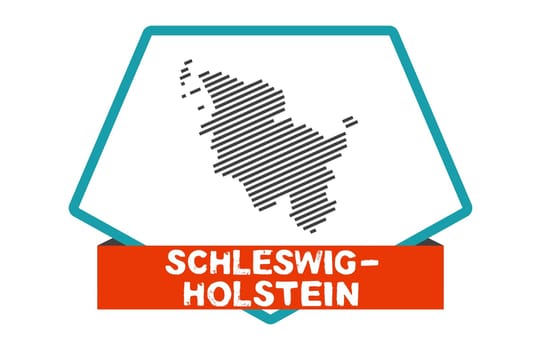 Button with blue frame and red banner showing striped map of german federal state Schleswig-Holstein