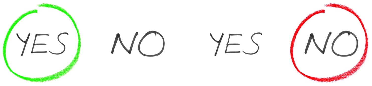 Yes or no? Handwritten text with green and red marking on white background