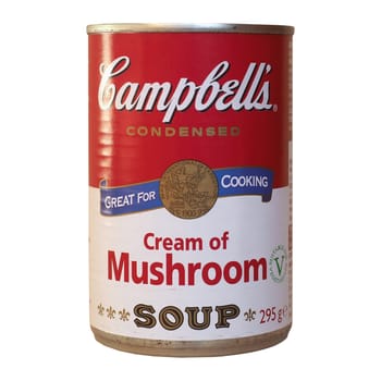 CAMDEN, USA - CIRCA DECEMBER 2020: Can of Campbell's condensed cream of mushroom soup, great for cooking