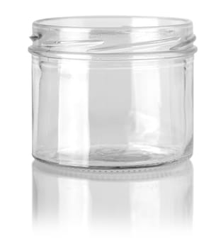The empty glass jar for products on white background