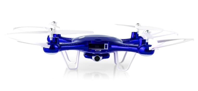The blue drone flying isolated on white background. Clsoe up of fly drone