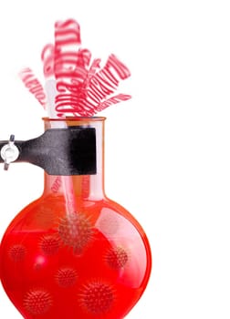 Test flask with red liquid on white background