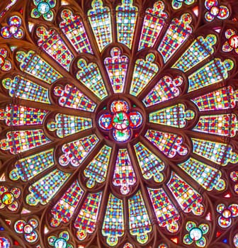 The old stained glass church window. Selective focus