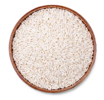 The White rice in wooden bowl isolated on white background with clipping path
