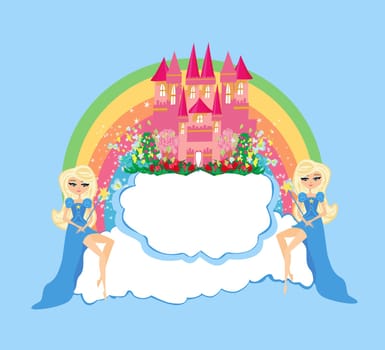 decorative invitation with a castle and fairies