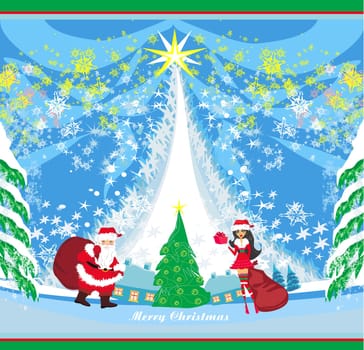 santa claus and a beautiful girl are giving out gifts on christmas eve