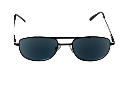 Summer glasses fashion. Close-up of a elegant male black sunglasses isolated on a white background. Macro photograph.