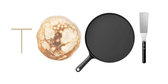 Pancake, cast iron frying pan, spatula and wooden spreader. Objects isolated on white background.