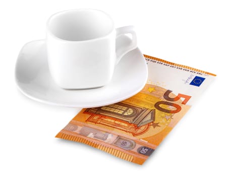 The coffee mug and 50 Euro on white background
