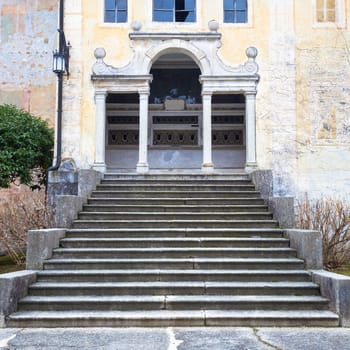 A long stair create the perspective to this 15th century Italian chapel.