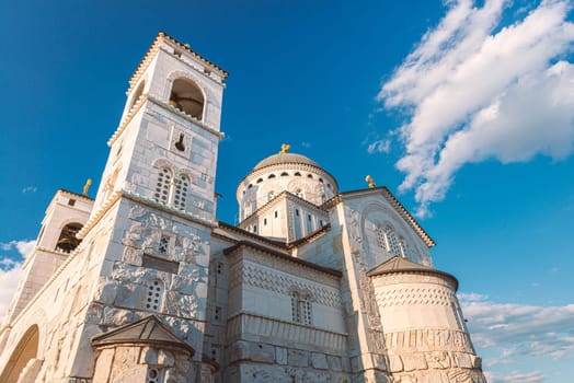 Cathedral of the Resurrection of Christ, Podgorica, Montenegro, Europe. Blue sky with clouds in background.