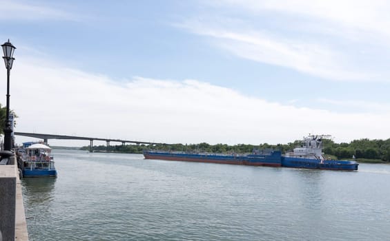 Tanker follows along the banks of the River Don in Rostov-on-Don