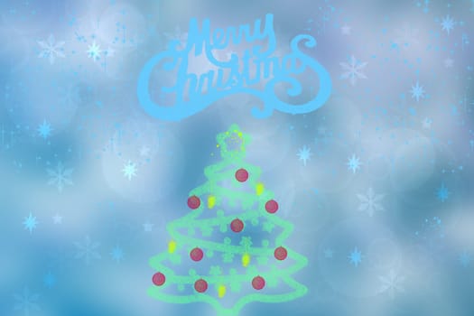 Abstract festive elegant blue glittering greeting card with xmas stars, balls and a christmas tree and with a Merry Christmas text. Beautiful backdrop with space.