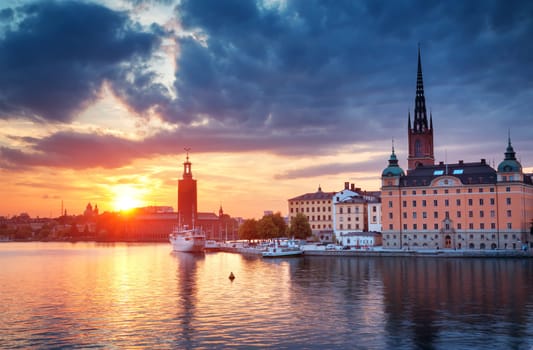 view at Stockholm at night in summer. Sunset with beautiful buildings in the capital of Sweden