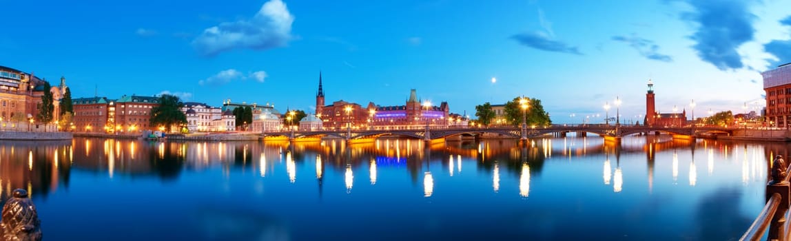 view at Stockholm at night in summer. Sunset with beautiful buildings in the capital of Sweden