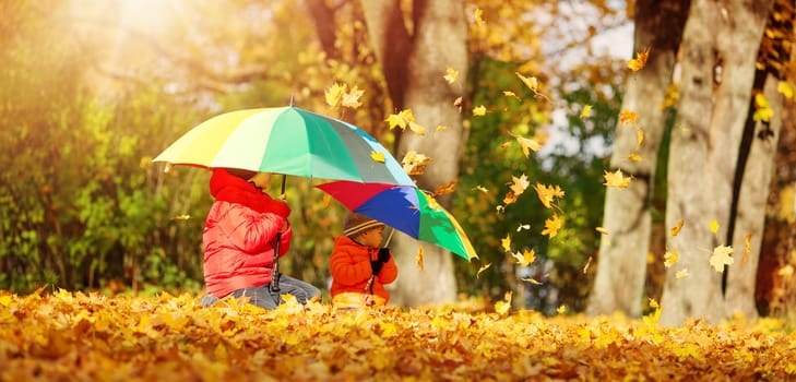 children with umbrellas in beautiful autumnal day. Boys playing outdoors in the park