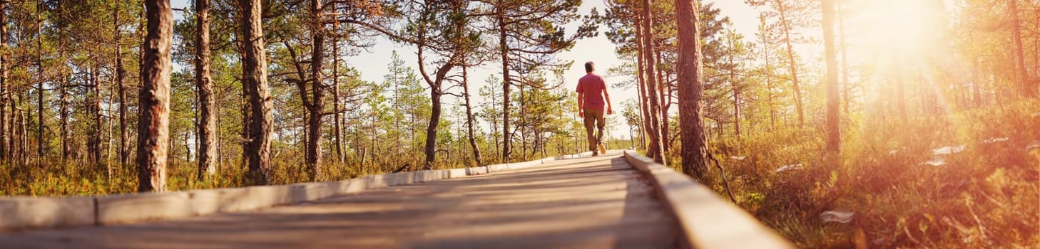 Man walking on wooden walkway in nature. Human silhouette in the morning