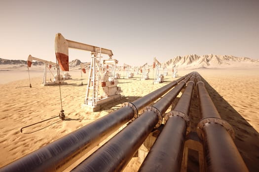 Oil pump jack rocking with pipeline in the background.