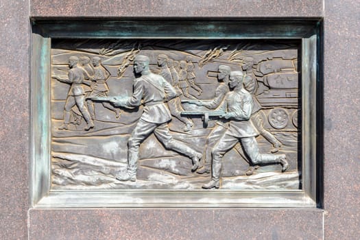 Anapa, Russia - 17 September 2020: A bas-relief with the events of the Great Patriotic War on the "City of Military Glory"" stele in Anapa"