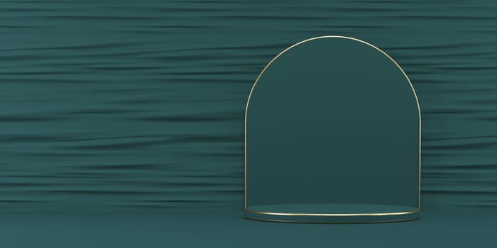 Mock up podium for product presentation golden frames pedestal 3D render illustration on green background