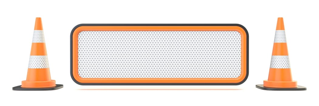 Blank traffic sign with two traffic cones 3D render illustration isolated on white background
