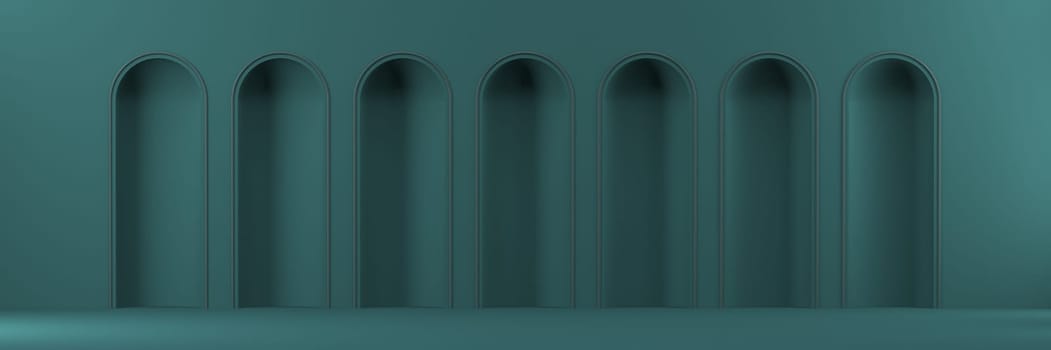 Mock up podium for product presentation seven niches 3D render illustration on green background