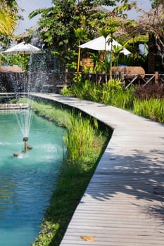 Simple walkway in summer rice field resort, stock photo