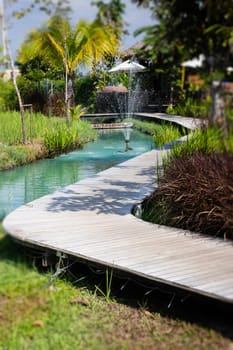 Simple walkway in summer rice field resort, stock photo