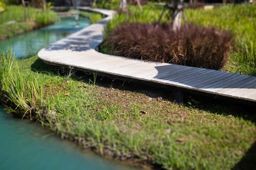 Simple walkway in summer rice field resort, stock photo