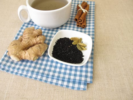 Spice tea, chai with black cumin seeds, ginger, cinnamon and cardamom