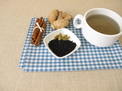 Spice tea, chai with black cumin seeds, ginger, cinnamon and cardamom