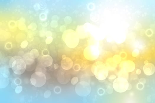 Abstract gradient of light blue yellow pastel background texture with glowing circular bokeh lights. Beautiful colorful spring or summer backdrop.