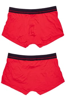 Male underwear isolated. Close-up of red boxer short isolated on a white background. Mens underwear fashion. Front and Back view.